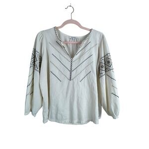 Madewell Womens M Peasant Top Cream Embroidered Puff Sleeve Notch Neck Boho